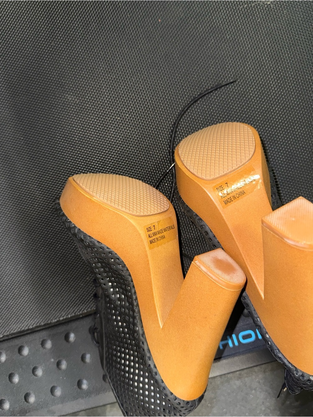 Nordstrom Black Perforated Lace-Up Platform Heels with Tan Wood-Effect Sole - Picture 3 of 3